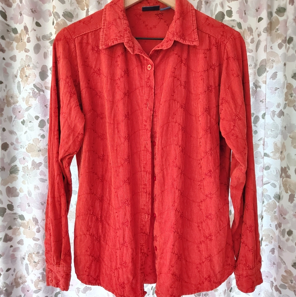 Orange Corduroy Embroidered Button Down Vintage Large 100 Cotton APW for Women